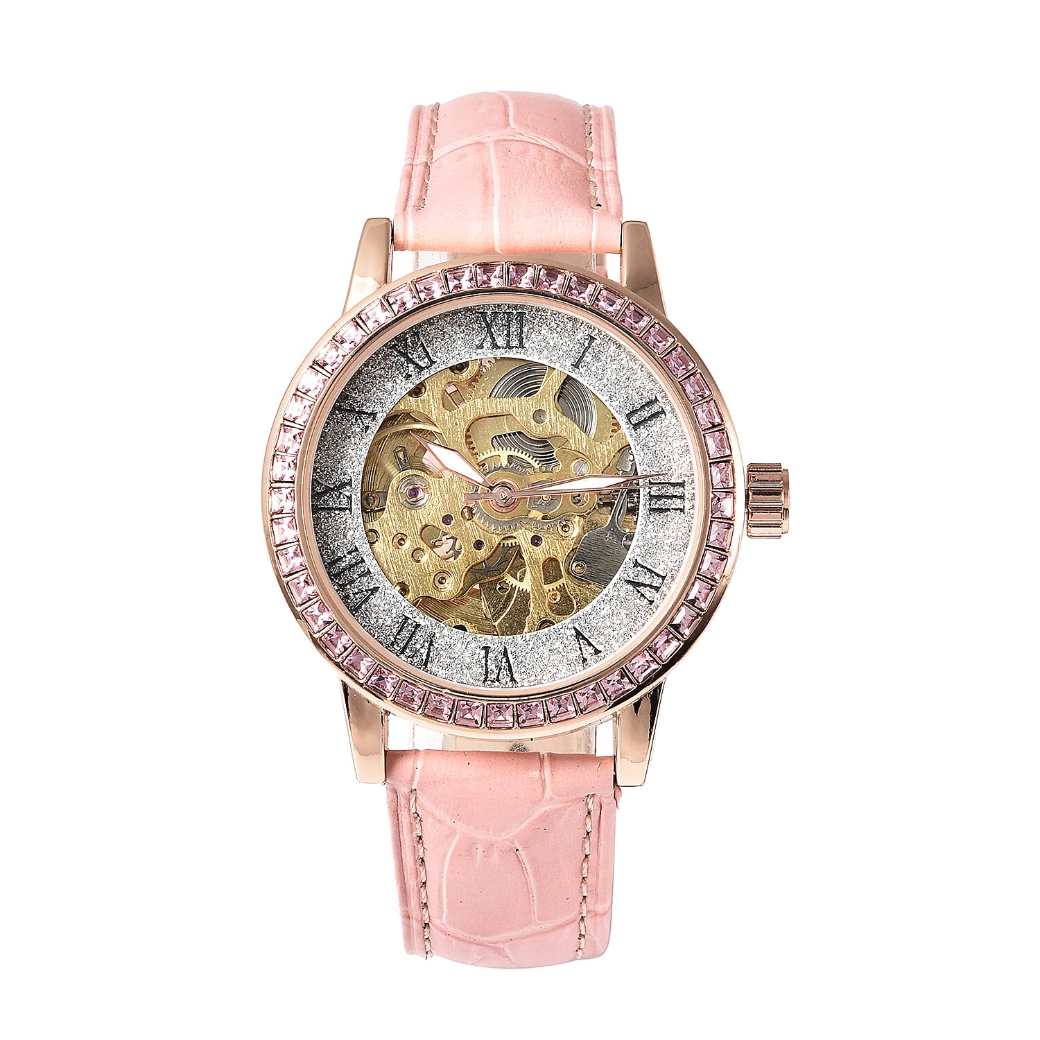 GENOA Aurora Borealis Crystal Automatic Mechanical Movement Watch with Black Leather Strap (38 mm)