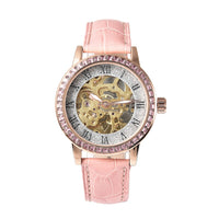 GENOA Aurora Borealis Crystal Automatic Mechanical Movement Watch with Black Leather Strap (38 mm)