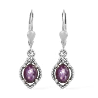 3.00 ctw Indian Star Ruby Dangling Earrings in Platinum Over Sterling Silver