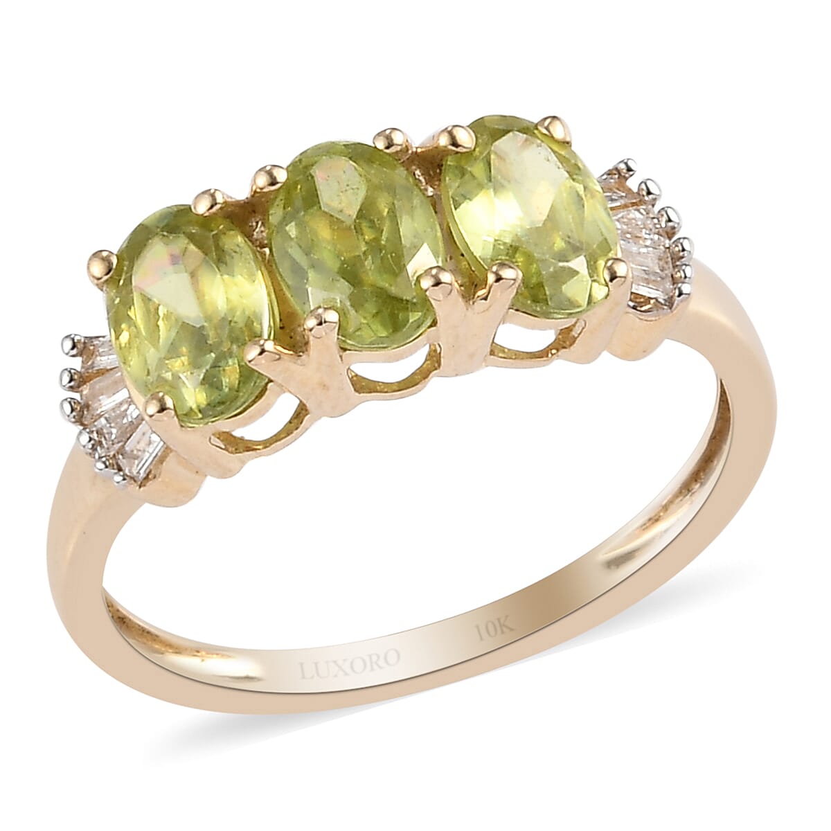 LUXORO 10K Yellow Gold Premium Sphene and Diamond Trilogy Ring (Size 10.0) 1.60 ctw