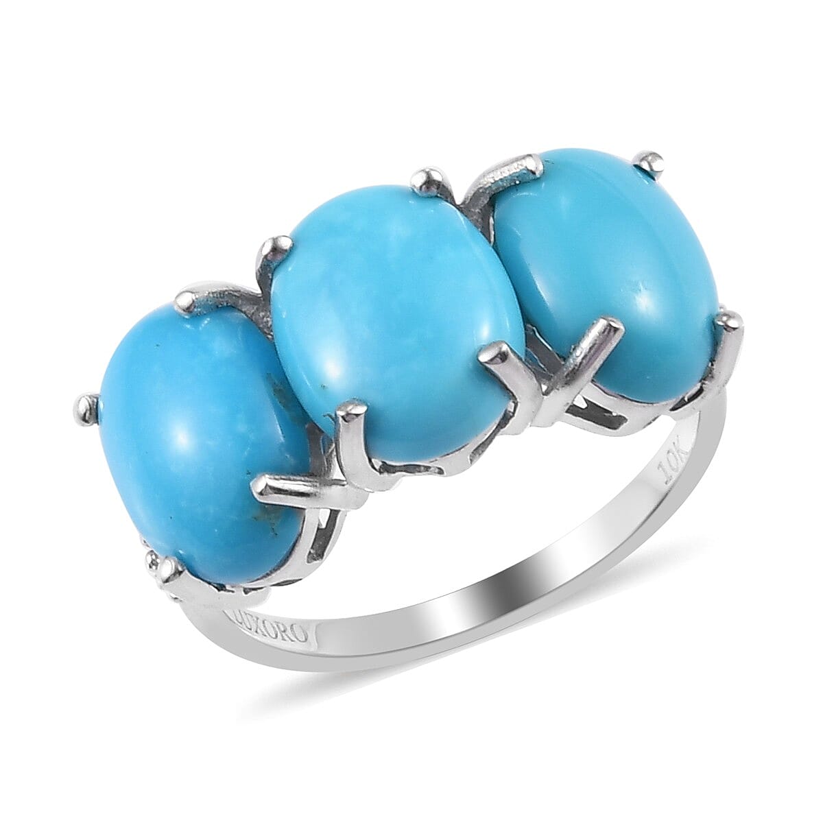 Luxoro 10K White Gold Premium Sleeping Beauty Turquoise, Diamond (G-H, I3) 3 Stone Ring (Size 10.0) 4.25 ctw