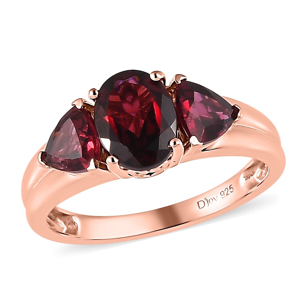 Natural Tanzanian Wine Garnet 3 Stone Ring in Vermeil Rose Gold Over Sterling Silver (Size 10.0) 2.50 ctw