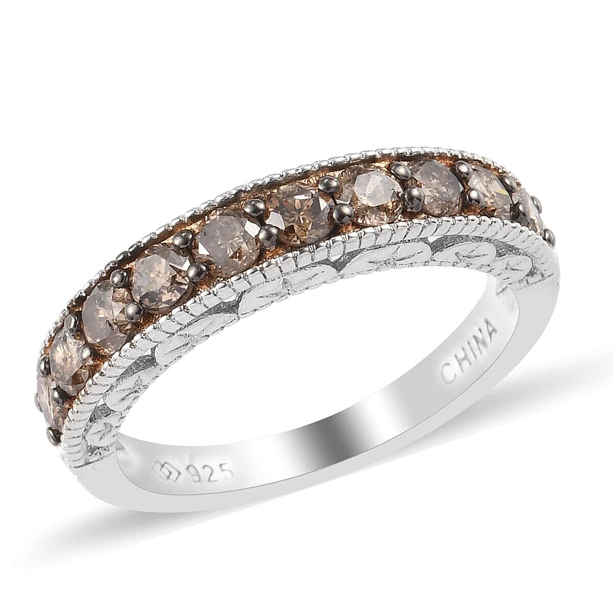 1.00 ctw Natural Champagne Diamond Ring in Rhodium & Platinum Over Sterling Silver