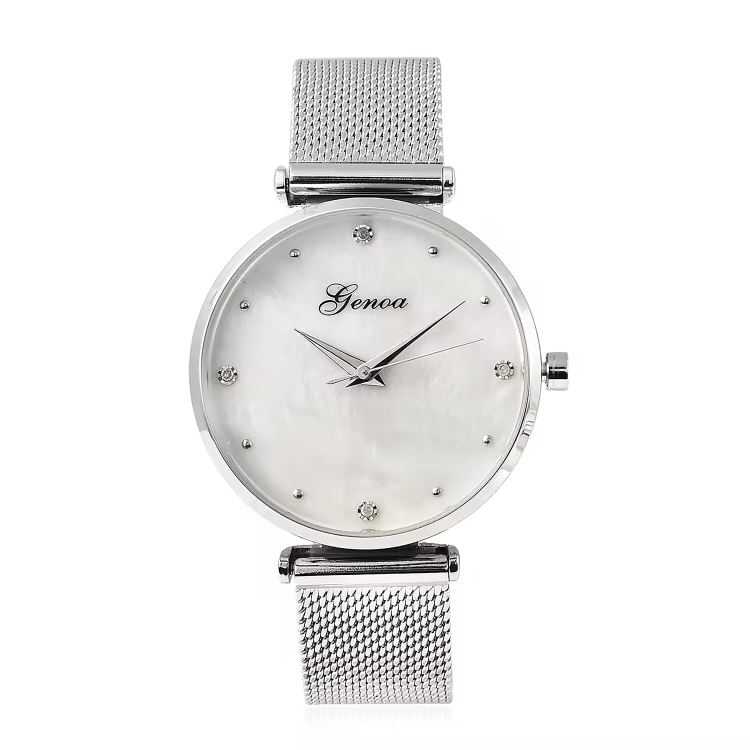 GENOA Diamond Accent Miyota Japanese Movement Water Resistant MOP Dial Watch with Stainless Steel Mesh Strap and Steel Back