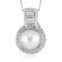0.90 ctw South Sea White Cultured Pearl 10.5-11.5mm, Natural White Zircon Pendant Necklace 20 Inches in Platinum Over Sterling Silver