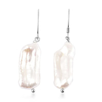 White Keshi Pearl Earrings in Rhodium Over Sterling Silver