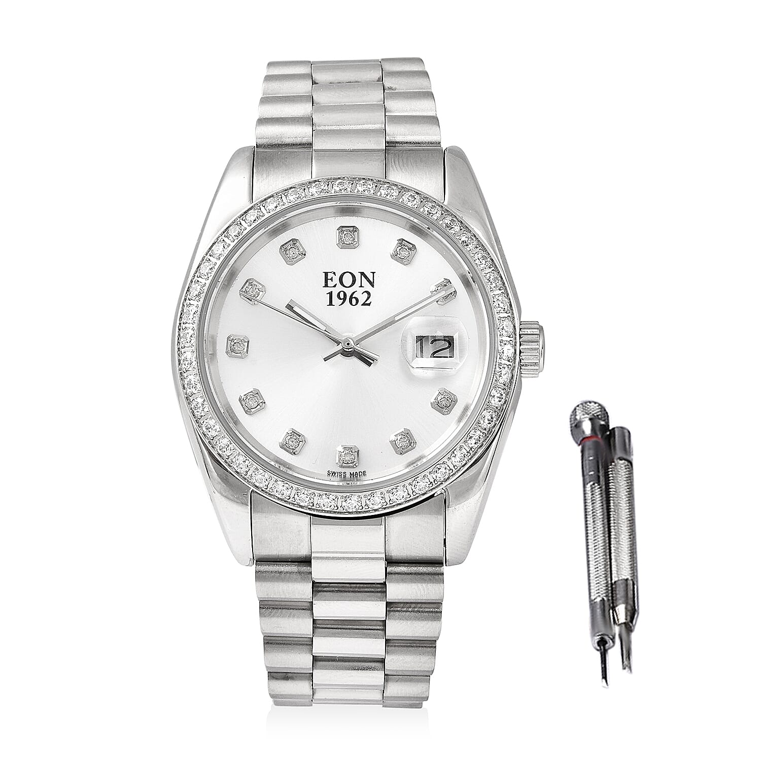EON 1962 Made with White Zirconia from Swarovski Swiss Movement Watch in Stainless Steel with Ear Fork and Screwdriver