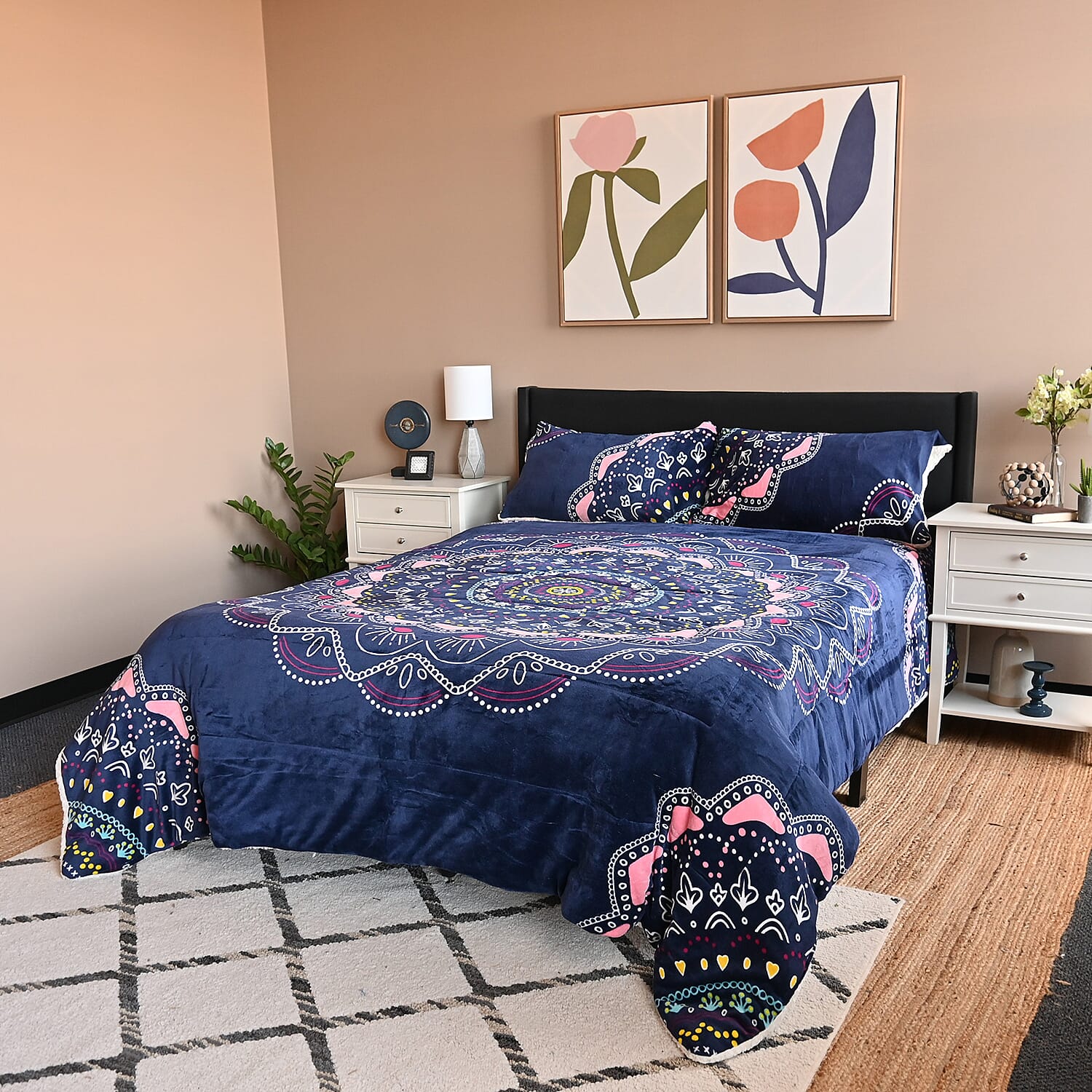 Homesmart Navy Blue Floral Print Pattern Flannel and Sherpa Comforter and Pillow Cover