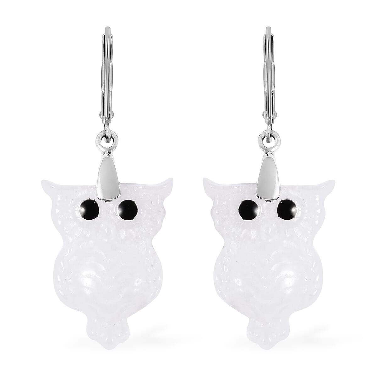 16.65 ctw Green Jade Carved Owl Drop Earrings in Rhodium Over Sterling Silver