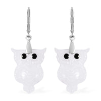 16.65 ctw Green Jade Carved Owl Drop Earrings in Rhodium Over Sterling Silver