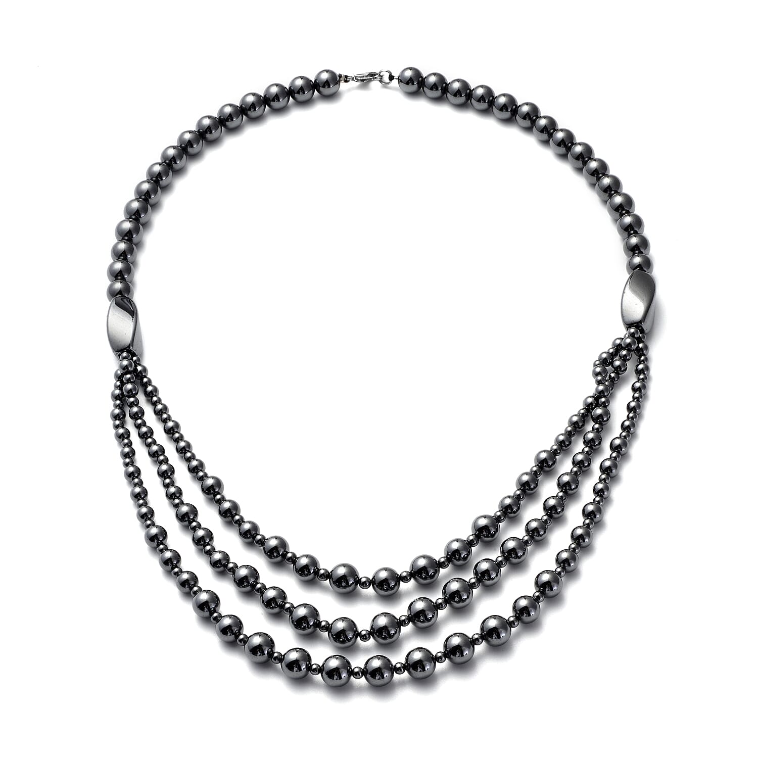 Hematite Beaded Layered Necklace 20 Inches in Silvertone