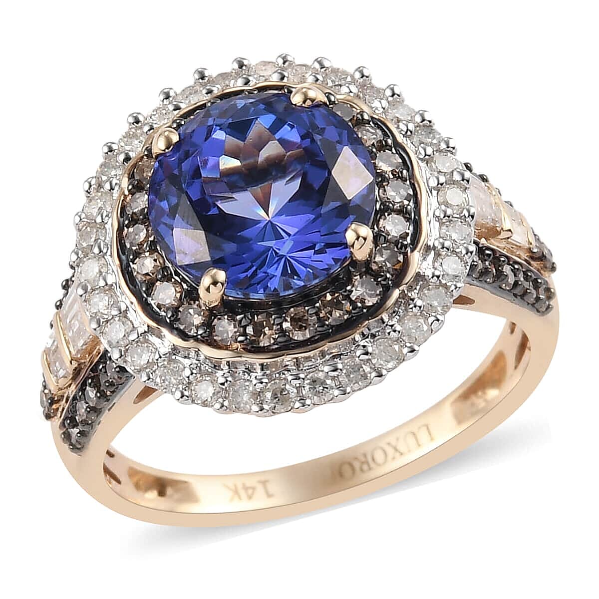 LUXORO 14K Yellow Gold AAA Tanzanite, Natural Champagne & White Diamond (0.65 cts) Ring (Size 8.0) (3.80 g) 3.30 ctw