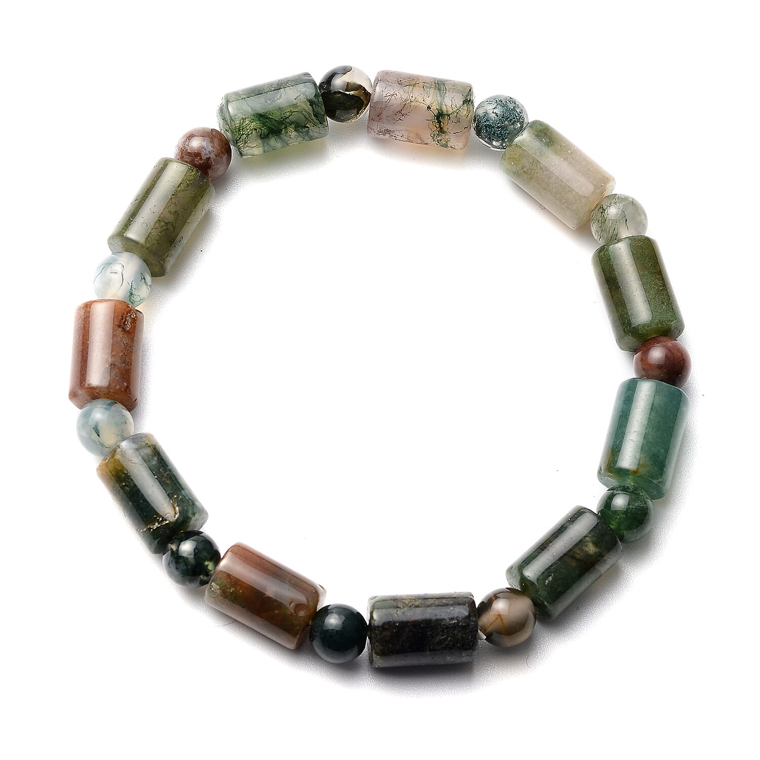 Indian Agate Barrel Shape and Beaded Stretch Bracelet 104.00 ctw