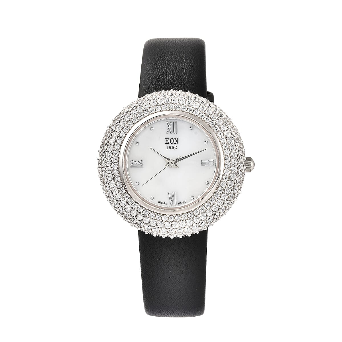 EON 1962 White Crystal Swiss Movement MOP Dial Watch in Sterling Silver with Black Leather Strap 19 Grams