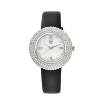 EON 1962 White Crystal Swiss Movement MOP Dial Watch in Sterling Silver with Black Leather Strap 19 Grams
