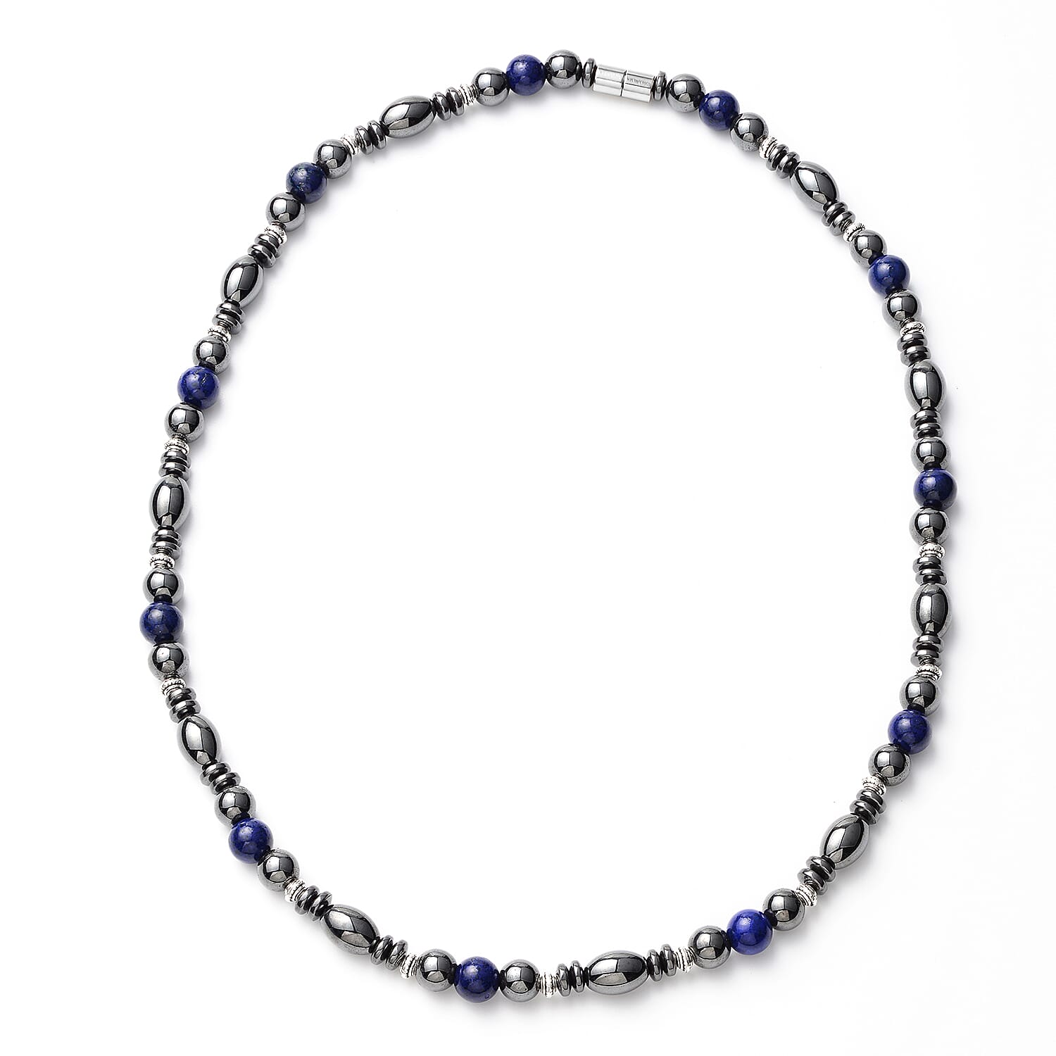Valentine Special Deal Lapis Lazuli and Hematite Beaded Necklace 22 Inches in Silvertone 25.00 ctw