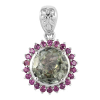 4.85 ctw Montezuma Prasiolite and Orissa Rhodolite Garnet Sunflower Pendant in Platinum Over Sterling Silver