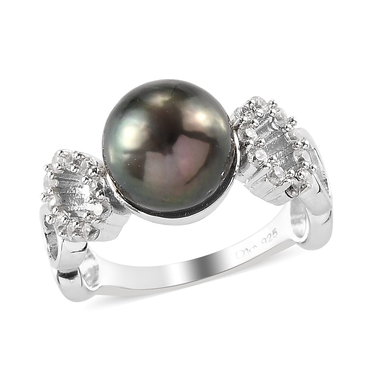 Tahitian Pearl 9-10mm and Natural White Zircon Band Ring in Platinum Over Sterling Silver 0.40 ctw