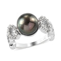 Tahitian Pearl 9-10mm and Natural White Zircon Band Ring in Platinum Over Sterling Silver 0.40 ctw - Sticky add to cart bar