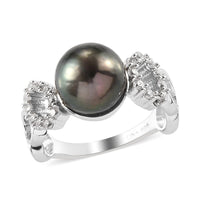 Tahitian Pearl 9-10mm and Natural White Zircon Band Ring in Platinum Over Sterling Silver 0.40 ctw