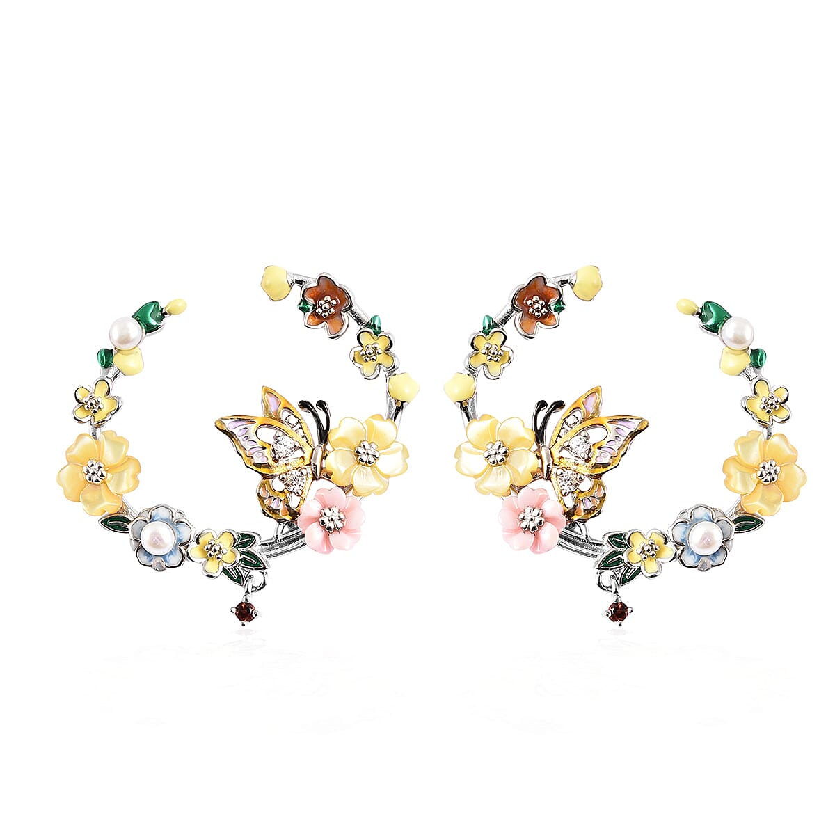 Jardin Collection Yellow Mother of Pearl and Multi Gemstone Flower & Butterfly Hoop Earrings in Rhodium Over Sterling Silver 0.25 ctw