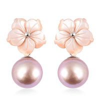 JARDIN COLLECTION Mother Of Pearl Carved and Purple Edison Pearl Flower Earrings in Rhodium Over Sterling Silver