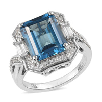 London Blue Topaz and Zircon Ring in Platinum Over Sterling Silver (Size 10.0) 6.50 ctw