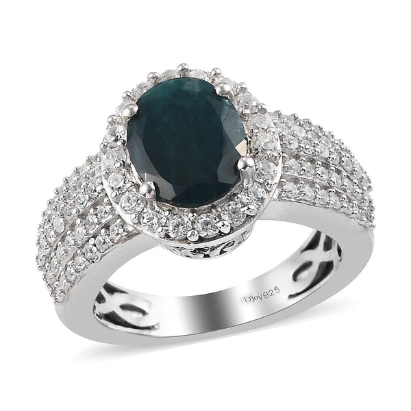 Teal Grandidierite and Zircon Ring in Platinum Over Sterling Silver (Size 10.0) 2.85 ctw - Product card gallery slide 1 (10176467599673)