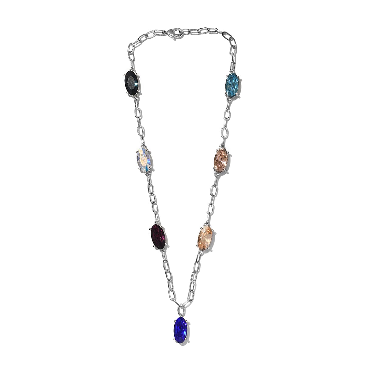 Designer Inspired Majestic Blue Crystal Station Necklace 18 Inches in Platinum Bond