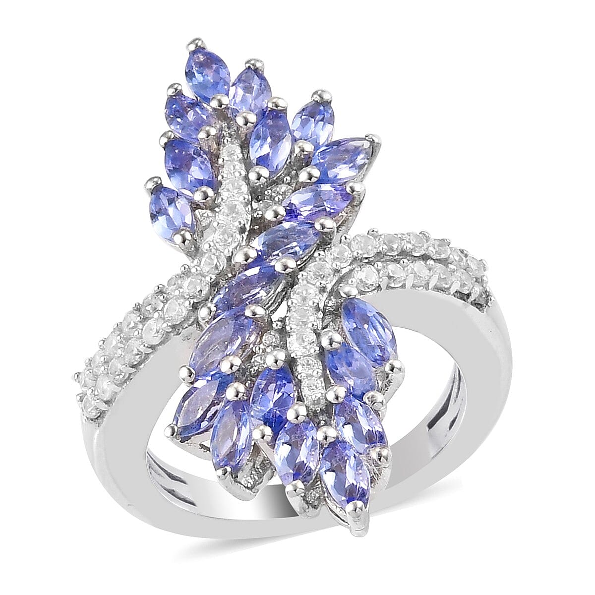 AAA Tanzanite, Zircon Bypass Ring in Platinum Over Sterling Silver (Size 10.0) 2.40 ctw