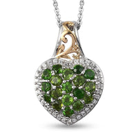1.70 ctw Natural Russian Diopside and Zircon Heart Cluster Pendant Necklace 20 Inches in Vermei Yellow Gold & Platinum Over Sterling Silver
