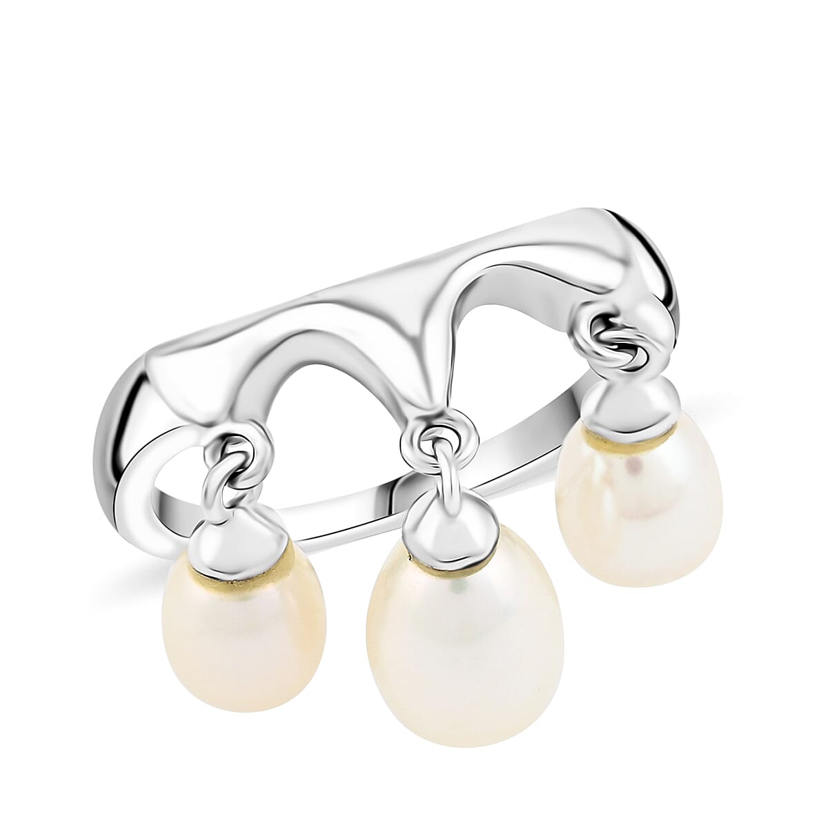 LucyQ Pearl Drop Collection Freshwater White Cultured Pearl Ring in Rhodium Over Sterling Silver (Size 9.0) (1)
