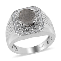 Marvelous Meteorite and Zircon Men's Ring in Platinum Over Sterling Silver (Size 11.0) 0.30 ctw