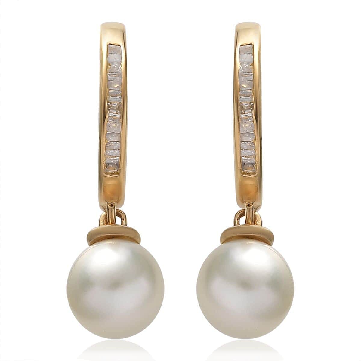 South Sea Pearl and Diamond Dangling Earrings in Vermeil Yellow Gold Over Sterling Silver 0.20 ctw