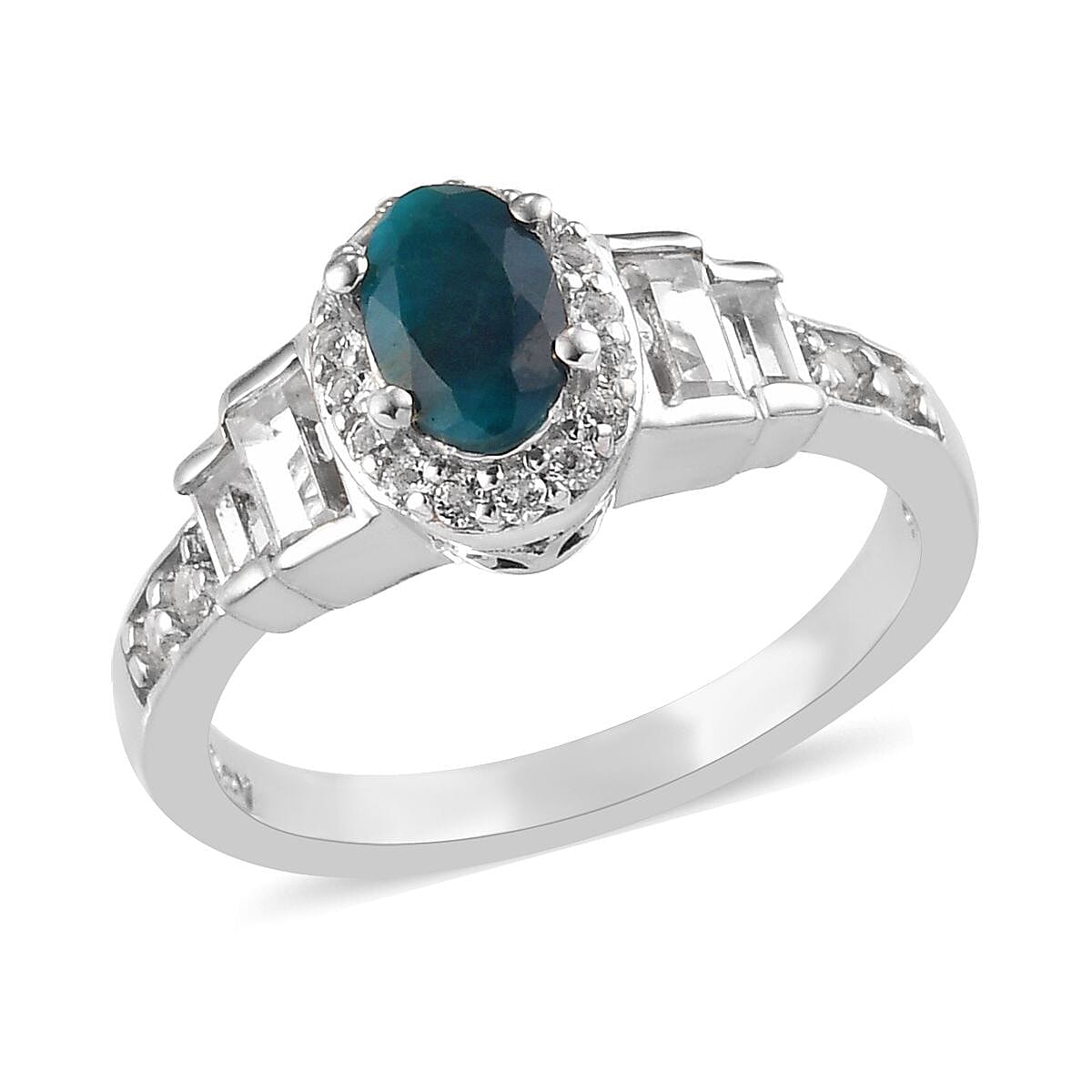 Teal Grandidierite and White Topaz Celebrity Ring in Platinum Over Sterling Silver (Size 5.0) 1.10 ctw