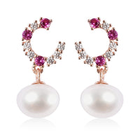 White Freshwater Cultured Pearl and Simulated Diamond Drop Hoop Earrings in 14K RG Over Sterling Silver