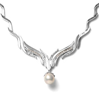 LucyQ Flame Collection 0.75 ctw Organic Shape Baroque Pearl and Moissanite Necklace 20 Inches in Rhodium Over Sterling Silver 60 Grams