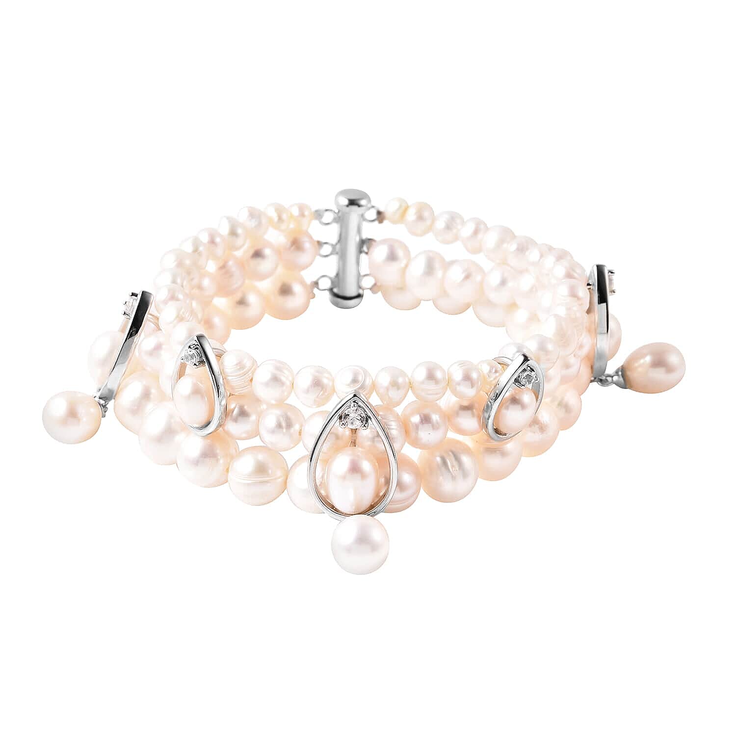 LucyQ Freshwater White Cultured Pearl and White Zircon Bracelet in Rhodium Over Sterling Silver (7.50 In) 9.40 Grams 0.50 ctw
