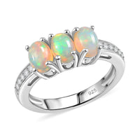 Ethiopian Welo Opal and White Zircon 1.10 ctw Ring in Platinum Over Sterling Silver (Size 10.0)