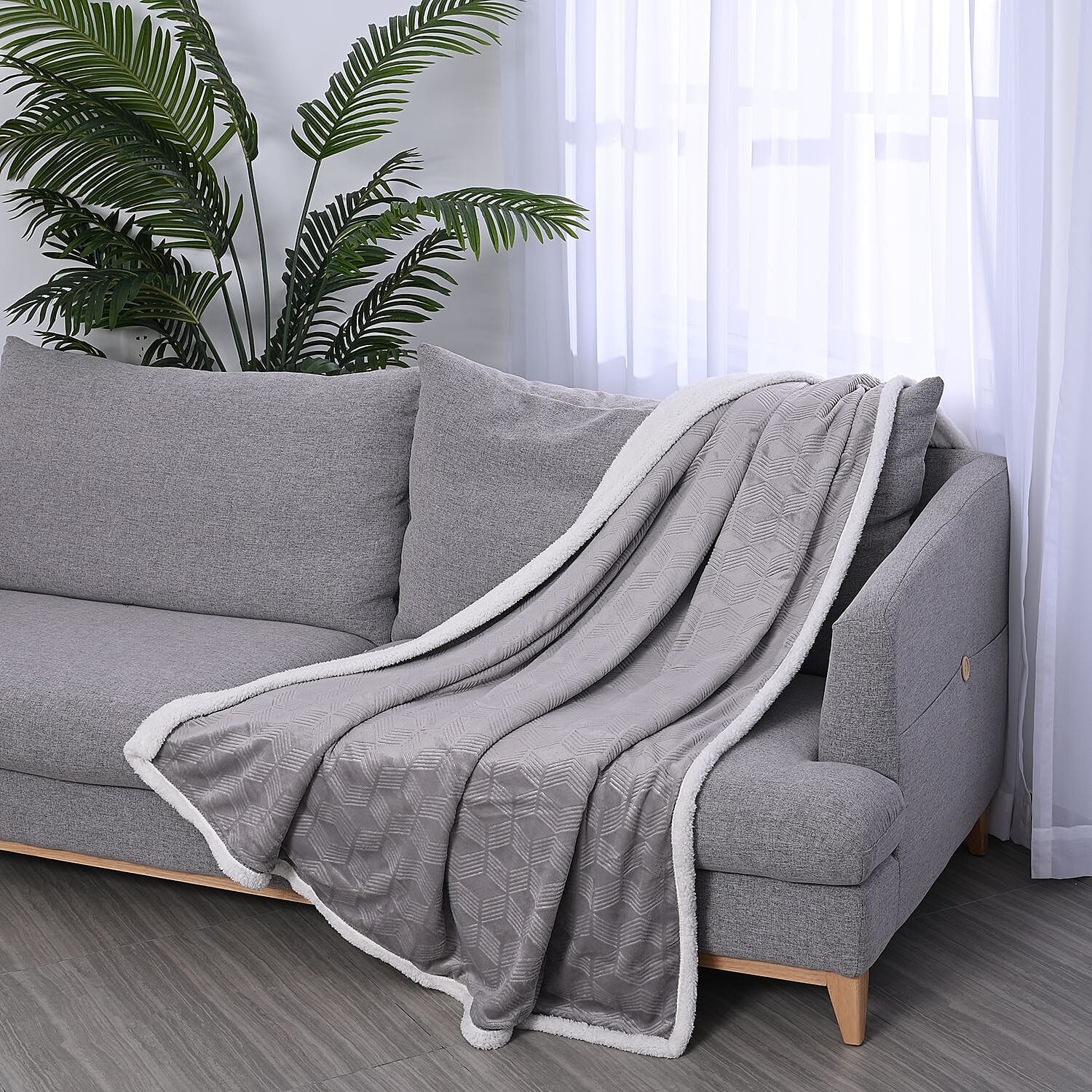 HOMESMART Gray Geometric Embossed Two Sided Sherpa and Plush Blanket