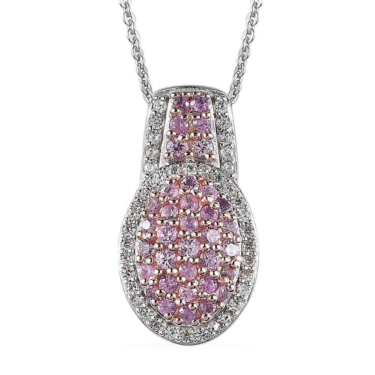 Madagascar Pink Sapphire and Natural White Zircon Cocktail Pendant Necklace 20 Inches in Platinum Over Sterling Silver 1.50 ctw