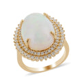 ILIANA 18K Yellow Gold AAA Ethiopian Welo Opal and Diamond G-H SI Double Halo Ring 7.80 Grams 7.25 ctw - Sticky add to cart bar