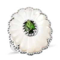 Natural Chrome Diopside, White Mother Of Pearl Daisy Flower Inspired Ring in Rhodium Over Sterling Silver (Size 10.0) 0.75 ctw
