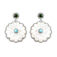 1.15 ctw White Mother Of Pearl Carved and Multi Gemstone Daisy Flower Drop Earrings in Rhodium Over Sterling Silver 9.40 Grams