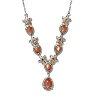5.90 ctw Korevora Sunstone and Orissa Rose Garnet Floral Necklace 18 Inches in Platinum Over Sterling Silver 13 Grams