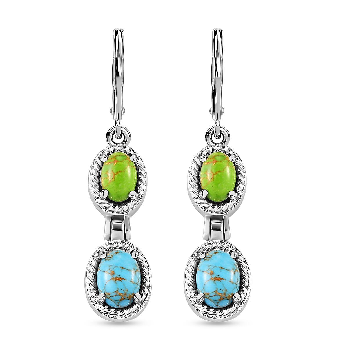 Mojave Blue and Green Turquoise Dangle Earrings in Stainless Steel 4.25 ctw