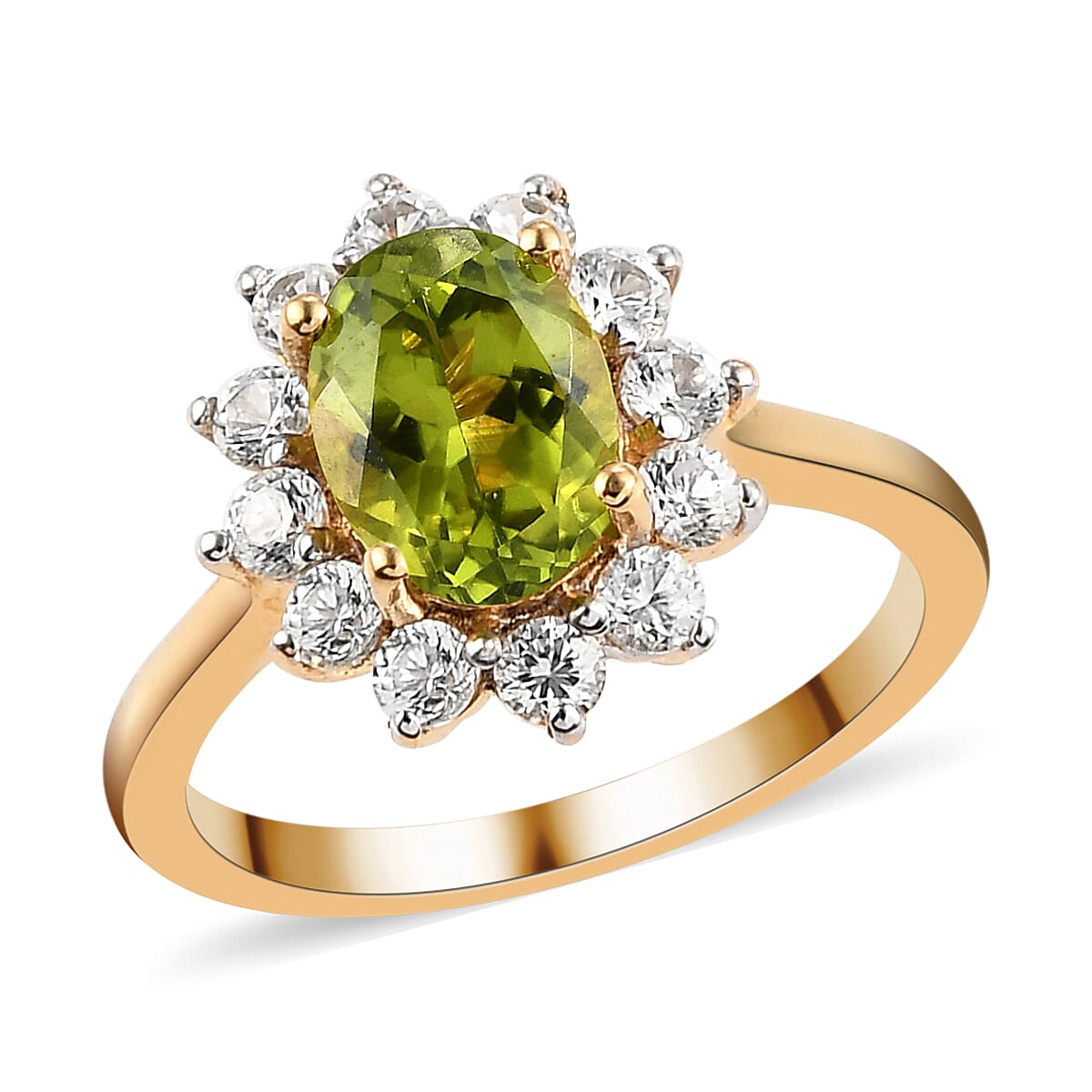 American Natural Arizona Peridot and White Zircon Sunburst Ring in Vermeil Yellow Gold Over Sterling Silver (Size 6.0) 2.20 ctw (1)