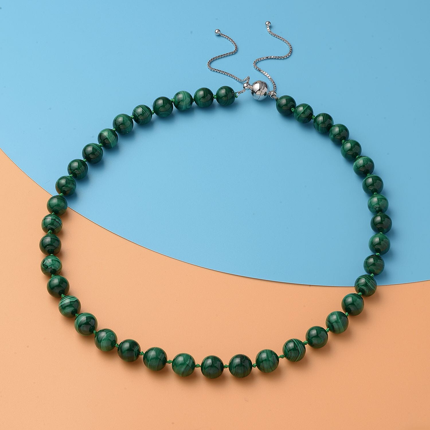 African Malachite Beaded Necklace 18-22 Inches with Magnetic Clasp in Rhodium Over Sterling Silver 419.00 ctw