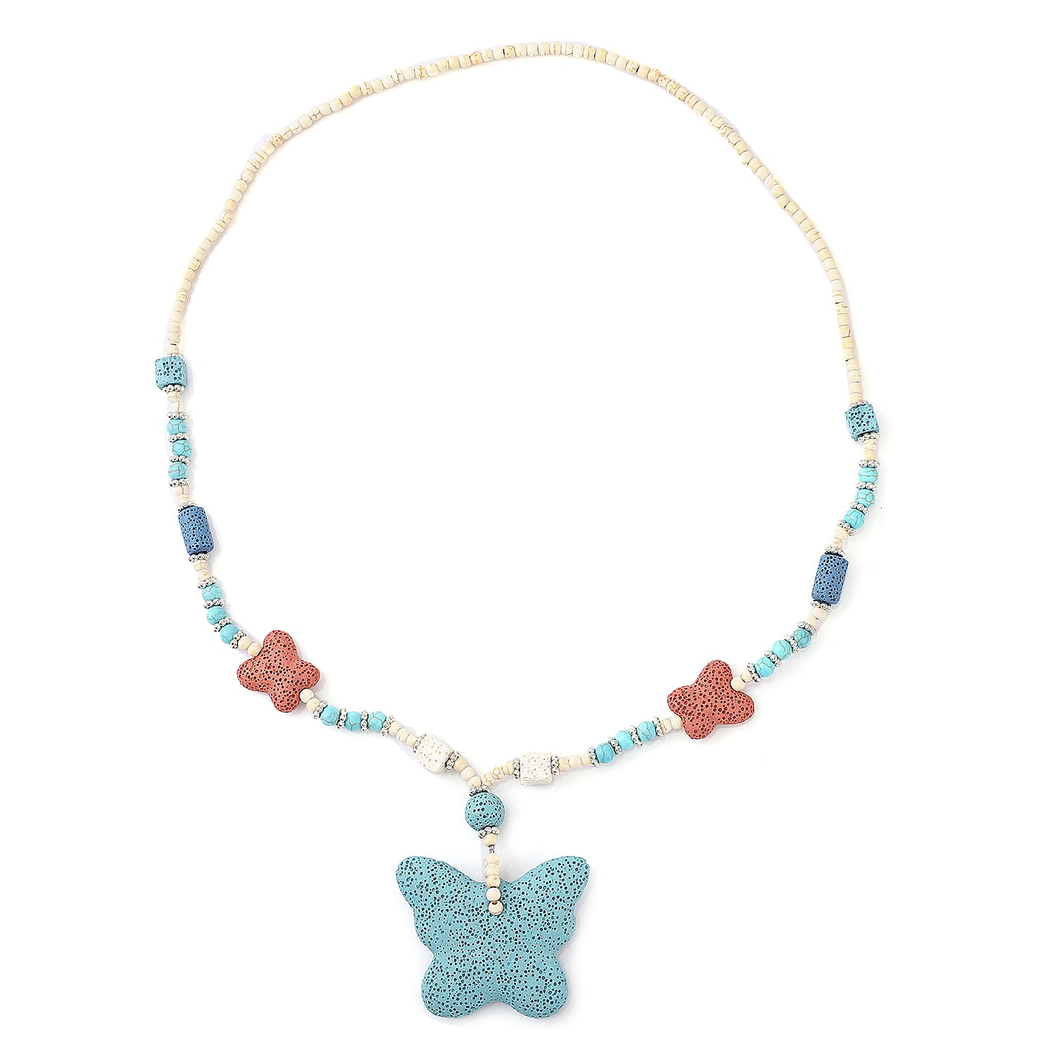 Multi Color Lava, White and Blue Howlite Beaded Necklace with Butterfly Charm 28 Inches in Silvertone 218.00 ctw