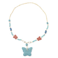 Multi Color Lava, White and Blue Howlite Beaded Necklace with Butterfly Charm 28 Inches in Silvertone 218.00 ctw